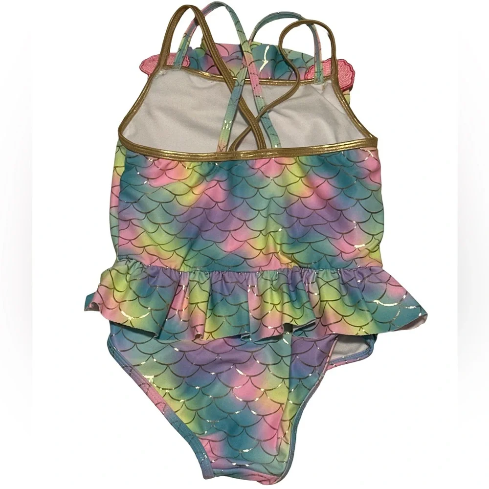 Betsey Johnson Girls 6 Rainbow Mermaid Scale One-Piece Swimsuit Ruffle Peplum